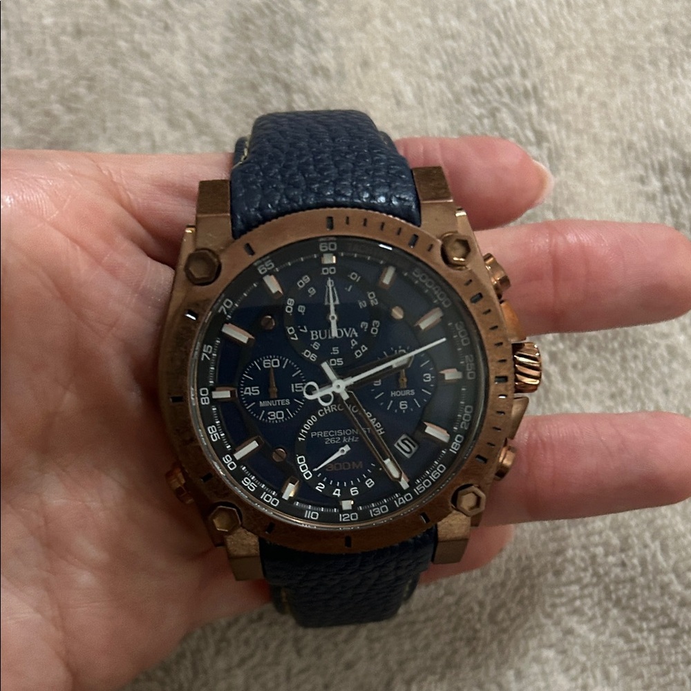 SOLD Bulova Precisionist Chronograph with Navy Strap and Bronze Case